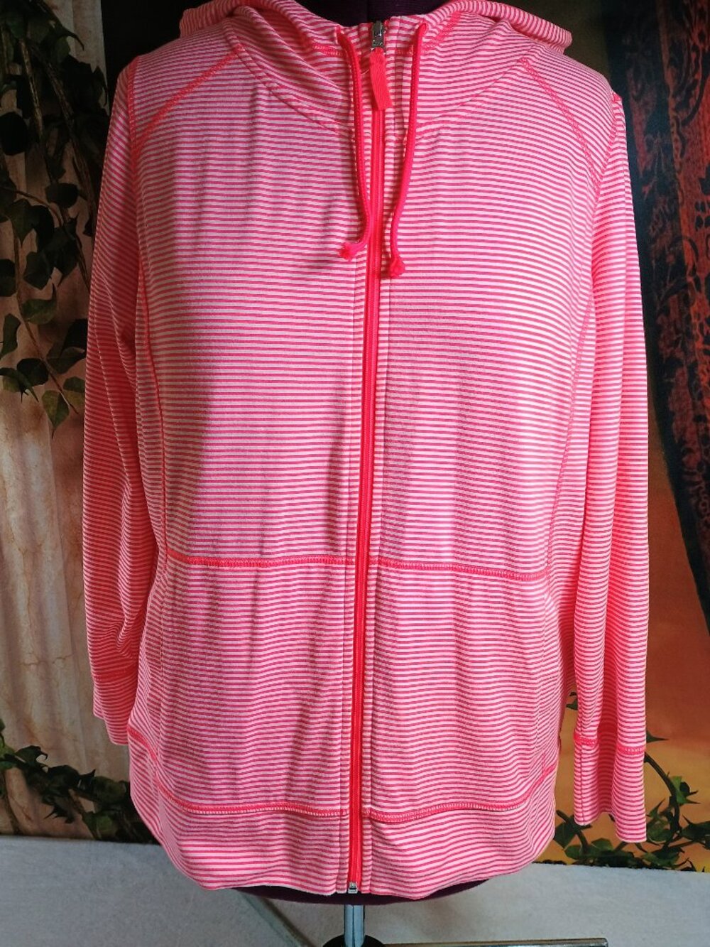 EUC Made for Life Petite XL Coral Pink Striped Polka Dot Full Zip Hoodie